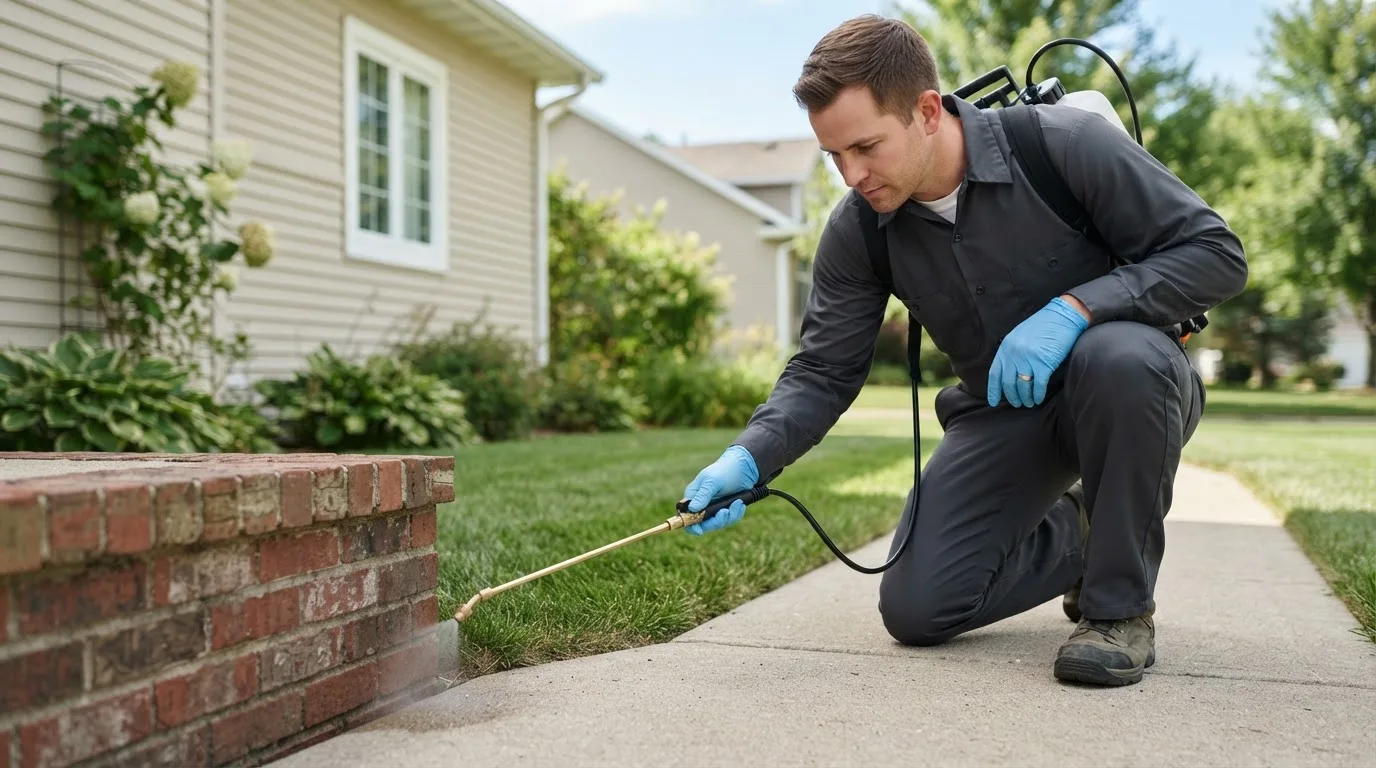 Pest control technician treating a home near Springville, IN