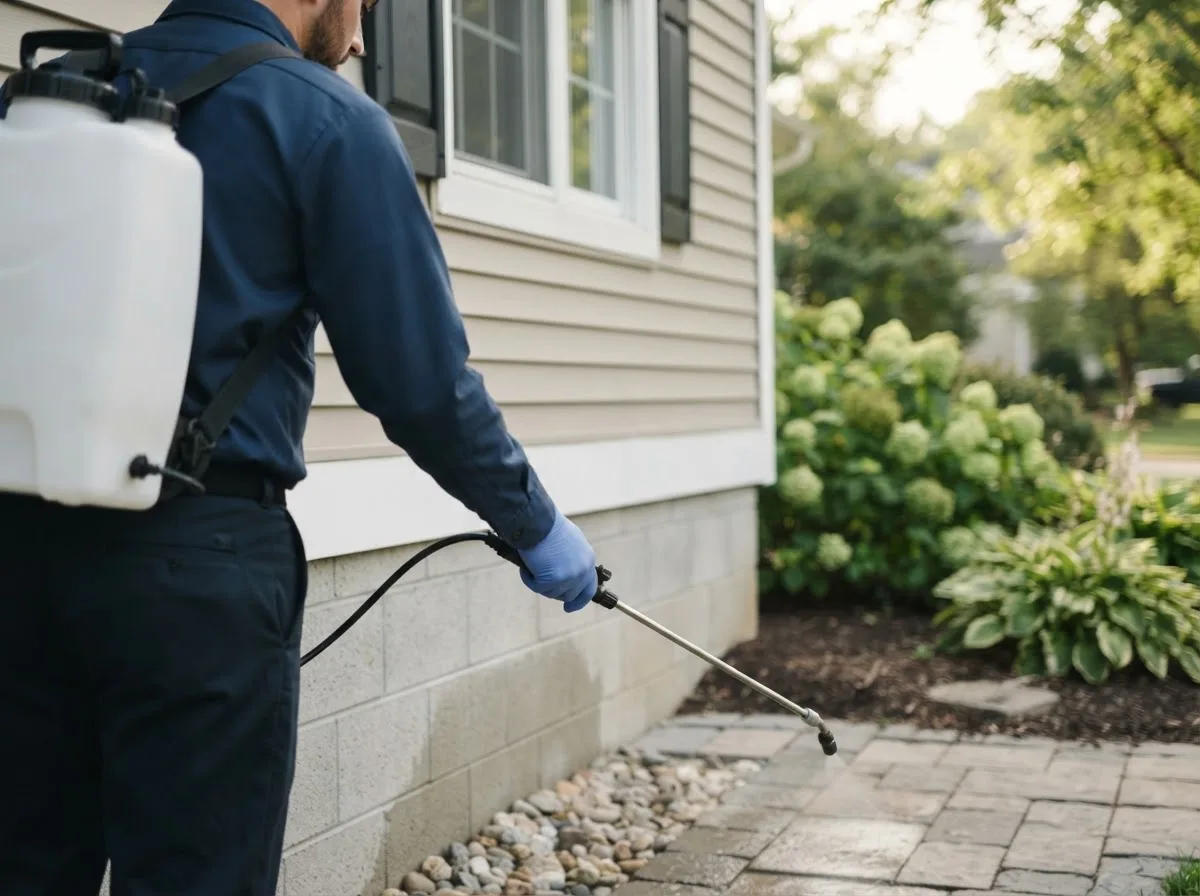 Pest control technician inspecting a home in Springville, IN